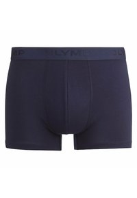 Boxer blu navy realizzati in tessuto morbido ed elastico. Presentano una cintura testurizzata con il logo "OLYMP", progettati per comfort e vestibilità.