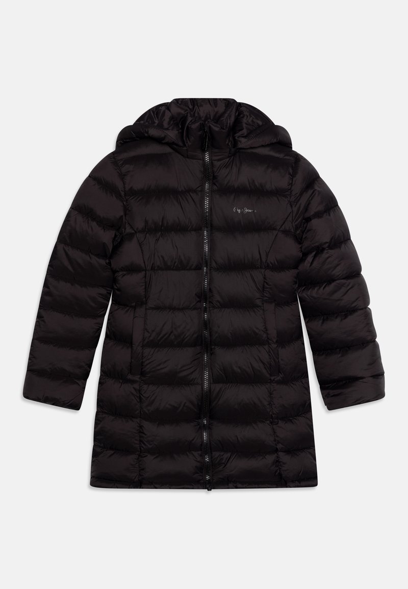 Svart puffjacka med huva, med horisontellt quiltade sektioner, framzippering och två sidofickor. Slät, glänsande tyg.