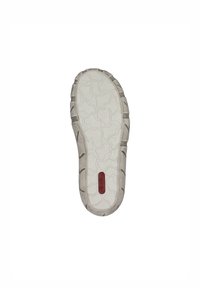 Semelle de chaussure en caoutchouc blanc avec un motif de semelle texturé, arborant un logo rouge central et des bords arrondis pour une meilleure adhérence et durabilité.