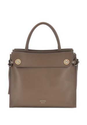 Brown leather handbag with dual handles, features gold-tone hardware, a flap closure with button accents, and a logo on the front.