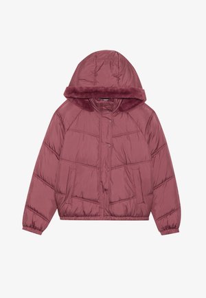 Chaqueta acolchada en color rosa apagado, con capucha forrada de piel, puños acanalados y cierre de botones a presión con patrón de acolchado diagonal.