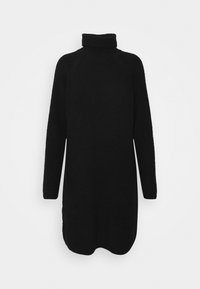 Robe noire à col roulé en tissu texturé, avec des manches raglan longues et un ourlet légèrement courbé avec des fentes sur les côtés.