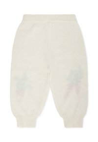 Crèmewitte gebreide broeken met een zachte textuur, voorzien van twee subtiele, pastelkleurige patronen aan de onderzijde en elastische enkels.