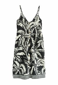 Schwarz-weißes ärmelloses Kleid mit einem Palmenblattmuster, das einen Knopfverschluss vorne, eine taillierte Taille und eine dekorative Bordüre entlang des Saums aufweist.