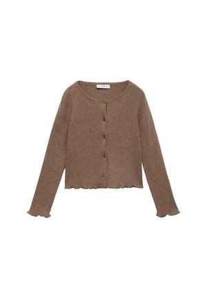 Brown ribbed cardigan with a round neckline, button front, and scalloped hem. Features long sleeves and a soft, textured material.