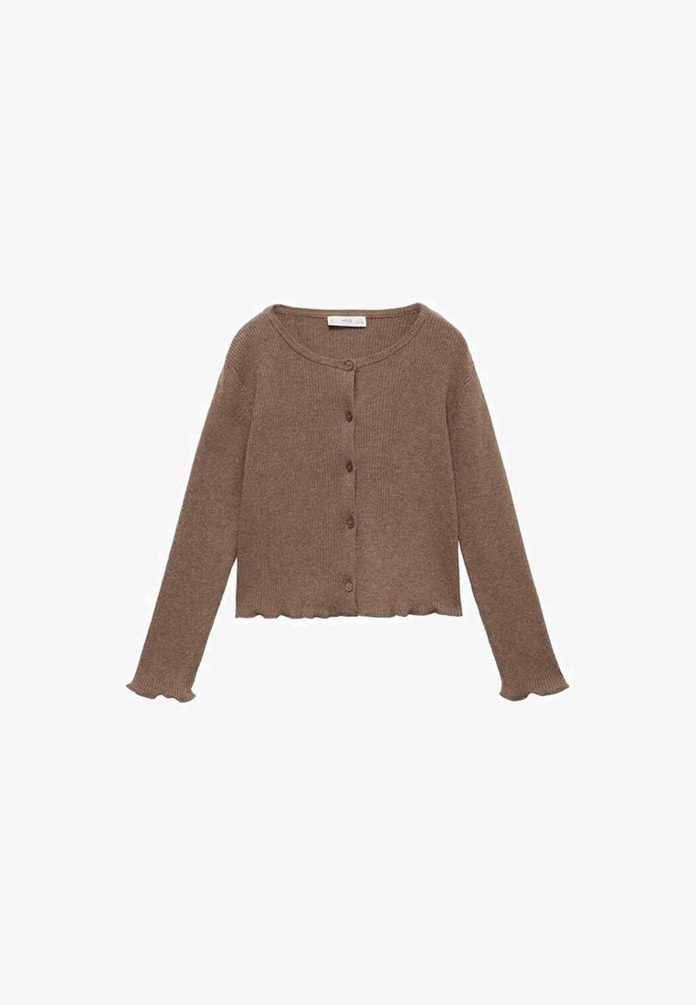 Cardigan maro cu dungi, cu decolteu rotund, închidere cu nasturi și margine ondulată. Are mâneci lungi și un material moale, texturat.