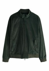 Donkergroene corduroyjas met een staande kraag, een ritssluiting aan de voorkant en twee knoopzakken aan de zijkanten. Textuur van de stof is zichtbaar.