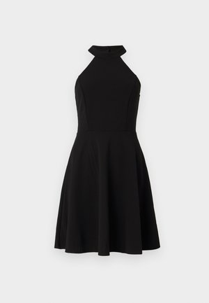 Black halter-neck dress with fitted bodice and flared skirt. Made of smooth fabric, featuring a solid color and minimal design details.