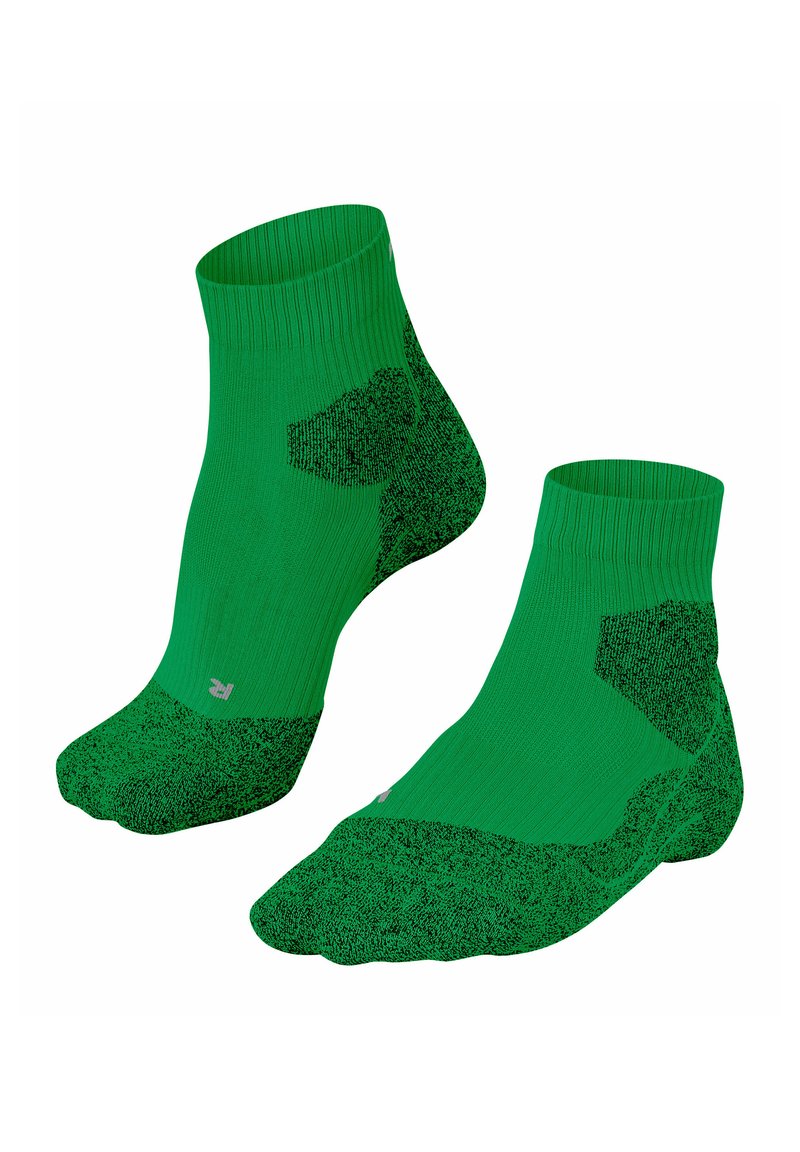 Un paio di calzini alla caviglia verdi con suola e tallone texture più scure, dotati di imbottitura rinforzata e bordi a coste.