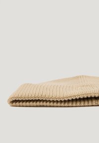 Sapca tricotată în bej deschis. Prezintă o textură ribbată, manșetă pliată și un detaliu cu logo embosat. Materialul moale creează un design casual.