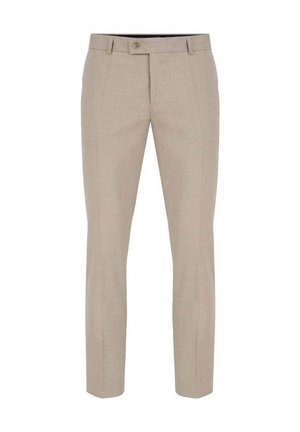 Beżowe spodnie w eleganckim kroju z gładką teksturą, slim fit, z zapięciem na jeden guzik i wyraźnymi plisami biegnącymi wzdłuż przodu.