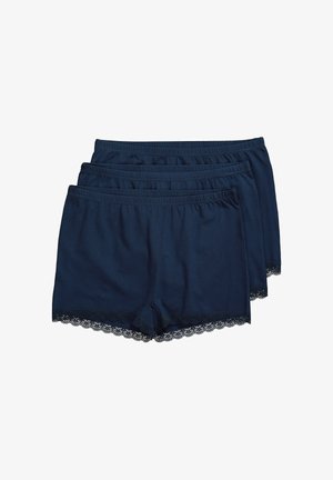 Pantaloni boxer in cotone blu navy con elastico in vita e bordo in pizzo ondulato alle aperture delle gambe. Tre paia mostrati impilati.