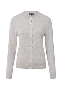 Helles graues Cardigan aus weichem Strickstoff. Mit Rundhalsausschnitt, langen Ärmeln und sechs vorderen Knöpfen. Mit gerippten Bündchen und Saum.