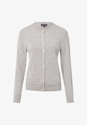 Helles graues Cardigan aus weichem Strickstoff. Mit Rundhalsausschnitt, langen Ärmeln und sechs vorderen Knöpfen. Mit gerippten Bündchen und Saum.