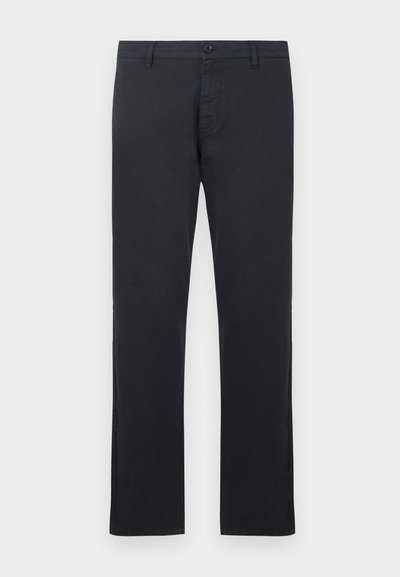 Pantalon droit noir pour homme avec passants de ceinture, fermeture à boutons et poches avant, présenté sur un fond blanc.