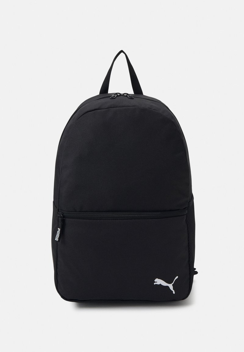 Black backpack made of durable fabric, featuring a rounded shape, two zippered compartments, and a white Puma logo on the lower front.