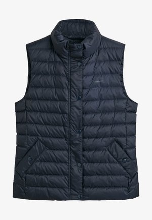 Gilet imbottito blu navy con colletto alto, caratterizzato da un design trapuntato, bottoni a pressione e due tasche frontali inclinate. Realizzato in materiale leggero.