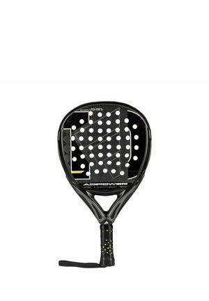Racchetta da padel Adidas Adipower nera con superficie battente perforata e cinturino da polso attaccato al manico.