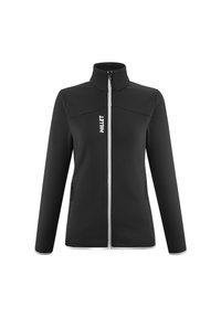 Black fleece jacket with a high collar, full front zipper, and contrast stitching. Features logo on the left side and two side pockets.