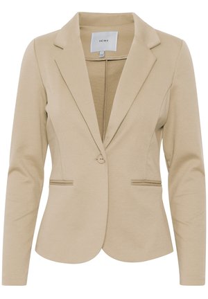 Beiger taillierter Damenblazer mit gekerbtem Revers, Ein-Knopf-Verschluss und zwei vorderen Paspeltaschen.