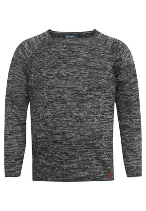 Long-sleeved sweater in a black and gray marled pattern, featuring a crew neckline and a textured knit with a small leather logo patch.