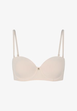 Reggiseno imbottito beige con tessuto liscio, supporto a ferretto, spalline regolabili e un piccolo dettaglio decorativo al centro.