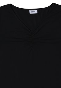 Top nero a V con dettagli arricciati sul collo. Realizzato in tessuto morbido, presenta un design semplice senza motivi o decorazioni aggiuntive.