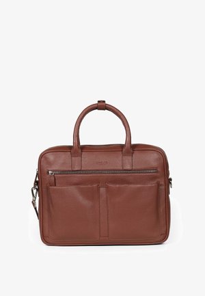 Braune Leder-Laptoptasche mit strukturiertem Finish, doppelten Obergriffen, vorderer Reißverschlusstasche und zwei externen Einschubtaschen. Abnehmbarer Schultergurt.