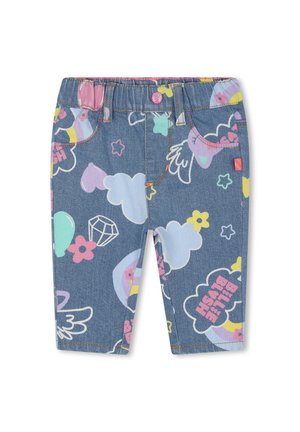 Pantaloni in denim con vita elastica, caratterizzati da un motivo multicolore di nuvole, stelle, palloncini e fiori su un sfondo azzurro chiaro.