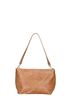 Borsa a mano color cacao con effetto coccodrillo, dotata di catena e tracolla in pelle, con forma rettangolare e superficie testurizzata per un tocco di dettaglio in più.