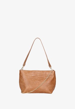 Borsa a mano color cacao con effetto coccodrillo, dotata di catena e tracolla in pelle, con forma rettangolare e superficie testurizzata per un tocco di dettaglio in più.