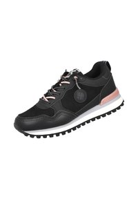 Zapatilla deportiva negra y rosa con suela resistente, cordones en la parte frontal y un parche con el logo en el costado, diseñada para uso casual o deportivo.
