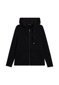 Felpa con zip nera con un pannello inferiore texturizzato, tasche anteriori e cappuccio regolabile con cordini. Realizzata in tessuto morbido e traspirante.
