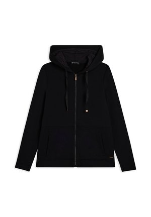 Felpa con zip nera con un pannello inferiore texturizzato, tasche anteriori e cappuccio regolabile con cordini. Realizzata in tessuto morbido e traspirante.