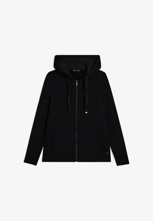 Felpa con zip nera con un pannello inferiore texturizzato, tasche anteriori e cappuccio regolabile con cordini. Realizzata in tessuto morbido e traspirante.