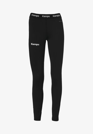 Zwarte sportleggings van rekbaar materiaal, met een aansluitend ontwerp, een brede elastische tailleband en witte branding op de dij.