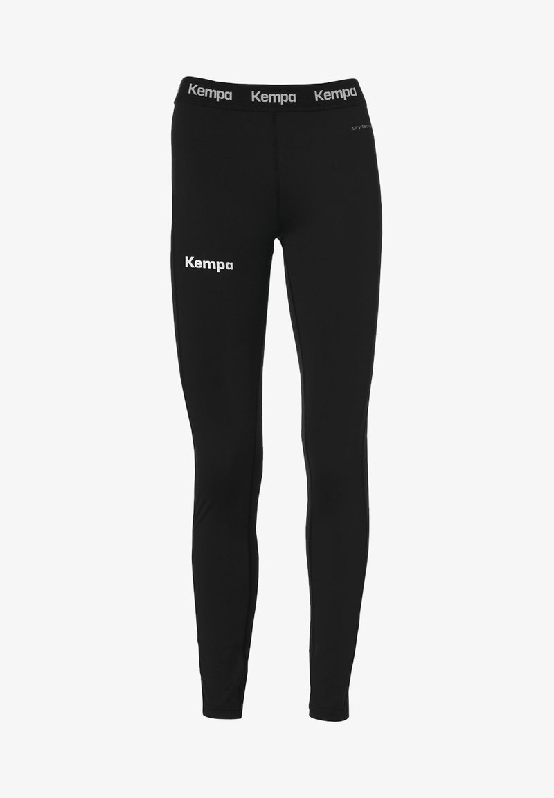 Schwarze Sportleggings aus dehnbarem Stoff, mit einem körperbetonten Schnitt, einem breiten elastischen Bund und weißem Branding auf dem Oberschenkel.