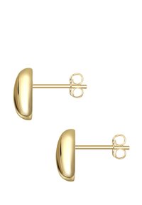 Zelta krāsas stud auskari ar noapaļotu, pusmēness formas dizainu. Gluda tekstūra ar vienkāršu stieni un tauriņu aizdari drošai valkāšanai.
