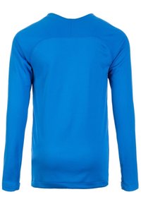 Camicia a maniche lunghe di un blu uniforme, realizzata in un tessuto leggero e liscio. Presenta un collo rotondo e polsini aderenti. Design semplice, senza motivi.