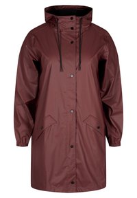 Bordová nepromokavá bunda do deště se stahovací kapucí, patentkami a dvěma bočními kapsami. Hladká textura a volnočasový design.
