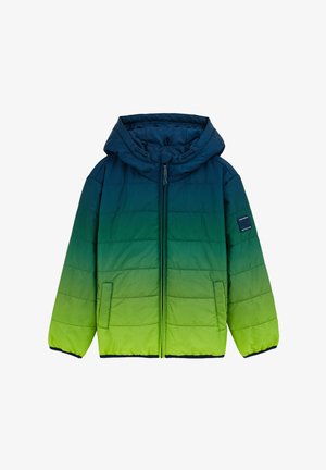 Toppatakki, jossa on liukuvärjäys tummansinisen ja kirkkaan vihreän välillä, huppu, etuvetoketju ja sivutaskut.