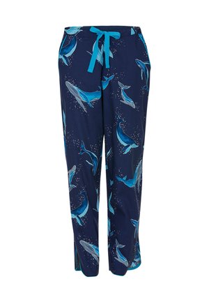 Pantaloni da pigiama blu navy con stampa di balene in tonalità di blu e bianco. Vita con cintura regolabile e spacchetti sui bordi.