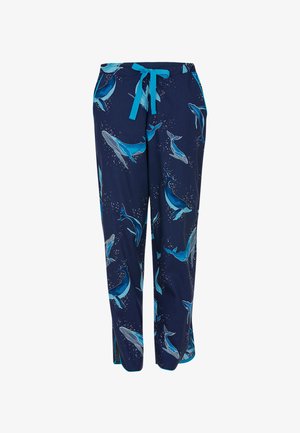 Granatowe spodnie piżamowe z nadrukiem wielorybów w odcieniach niebieskiego i białego. Regulowany pas ze sznurkiem i boczne rozcięcia na końcach.