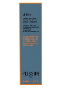Anti-Aging-Creme-Box mit einem dunkelblauen Hintergrund und orangefarbenen Akzenten. Der Text enthält Produktdetails und Inhaltsstoffe. Größe: 50 ml.