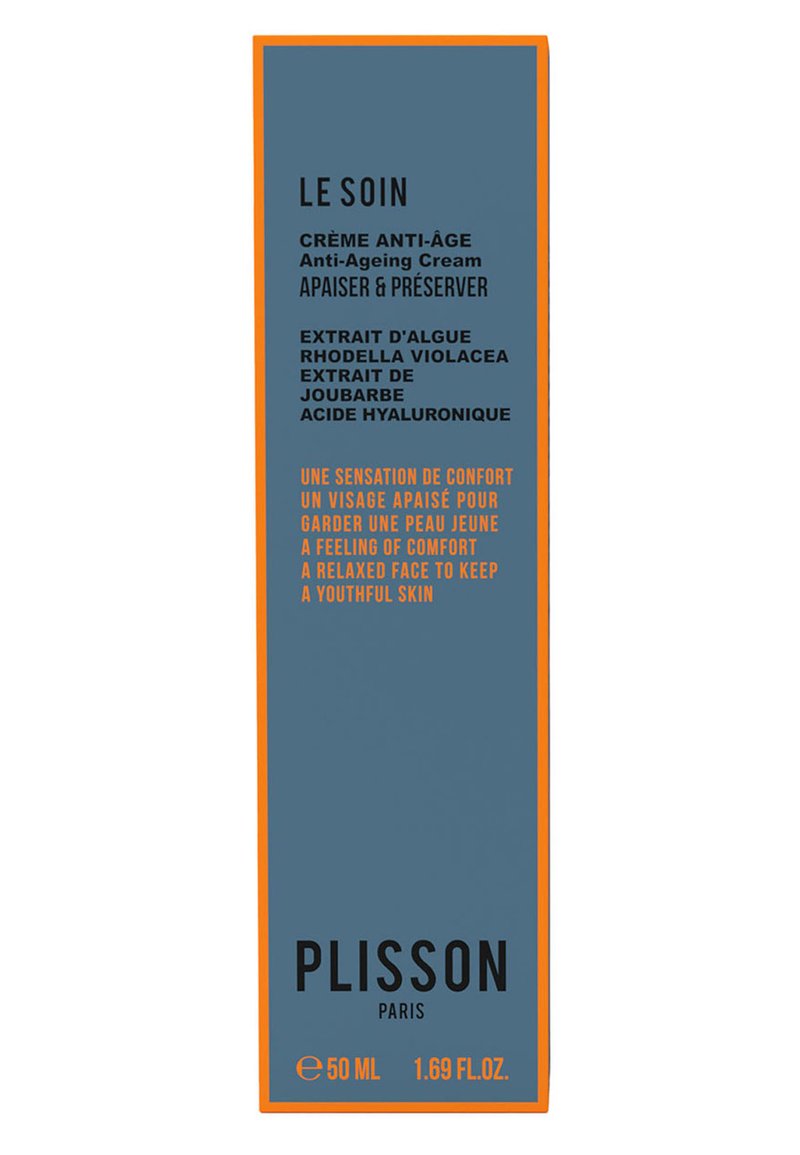 Anti-Aging-Creme-Box mit einem dunkelblauen Hintergrund und orangefarbenen Akzenten. Der Text enthält Produktdetails und Inhaltsstoffe. Größe: 50 ml.