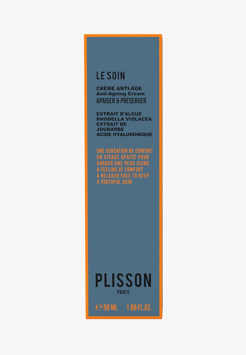 Anti-Aging-Creme-Box mit einem dunkelblauen Hintergrund und orangefarbenen Akzenten. Der Text enthält Produktdetails und Inhaltsstoffe. Größe: 50 ml.