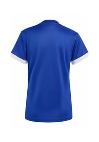 Blå sporttröja med rund halsringning, korta ärmar med vita detaljer och en slät, fukttransporterande tygfinish.