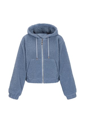 Gekürzte blaue Fleecejacke mit Kapuze, ausgestattet mit einem Frontzipper, zwei großen Taschen und elastischen Bündchen. Weicher Stoff und warmes Design.