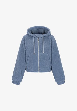 Gekürzte blaue Fleecejacke mit Kapuze, ausgestattet mit einem Frontzipper, zwei großen Taschen und elastischen Bündchen. Weicher Stoff und warmes Design.