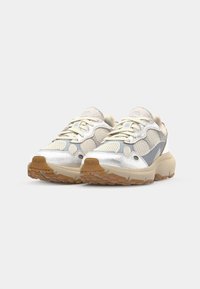 Sneakers med övre i mesh och metallisk silver, beige accenter, gummisula med bra grepp och ljusgrå snörning. Rundad form.